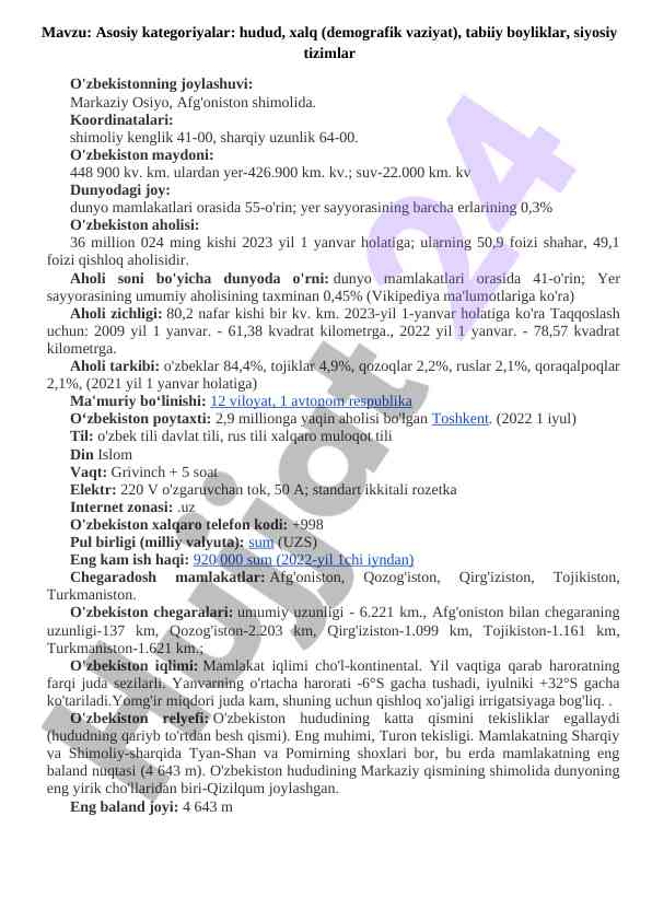 O'zbekistonning demografik vaziyati va joylashuvi