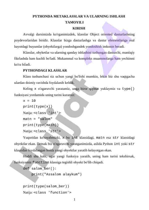 Python metaklasslari va ularning ishlash tamoyili