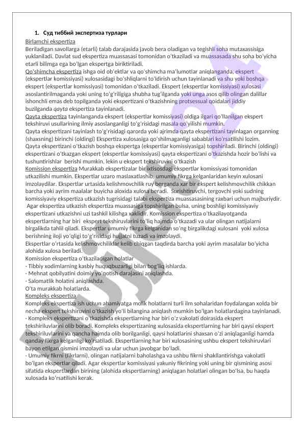 Sud tibbiy ekspertiza turlariga oid ma'lumotlar