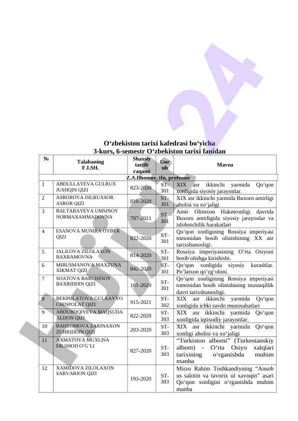 O‘zbekiston tarixi fanidan kurs ishlari