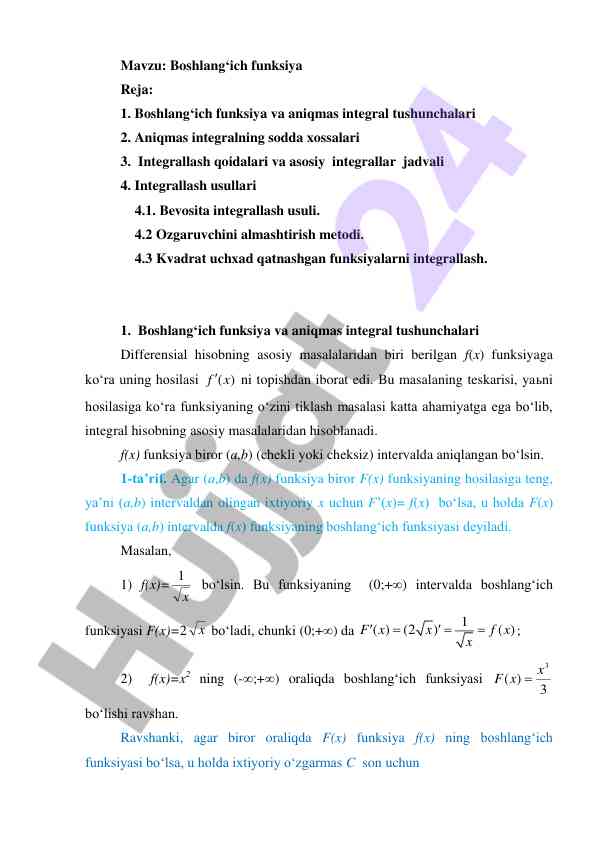 Boshlang‘ich funksiya va aniqmas integral tushunchalari