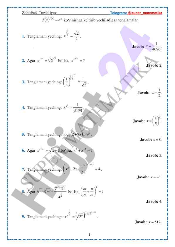 Matematika tenglamalari o‘quv testlari