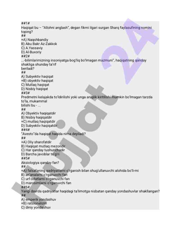 Haqiqat va aksiologiya haqida test savollari