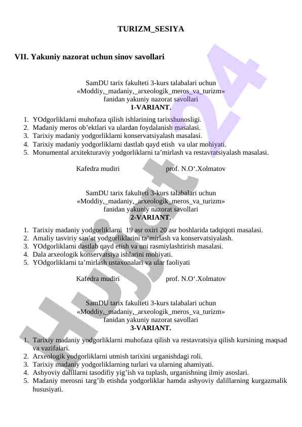 Turizm fanidan yakuniy nazorat savollari