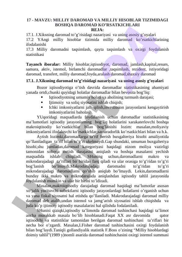 Milliy daromad va hisoblar tizimidagi ko’rsatkichlar