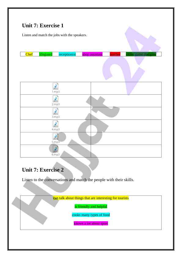 Unit 7 exercises for listening and skills development