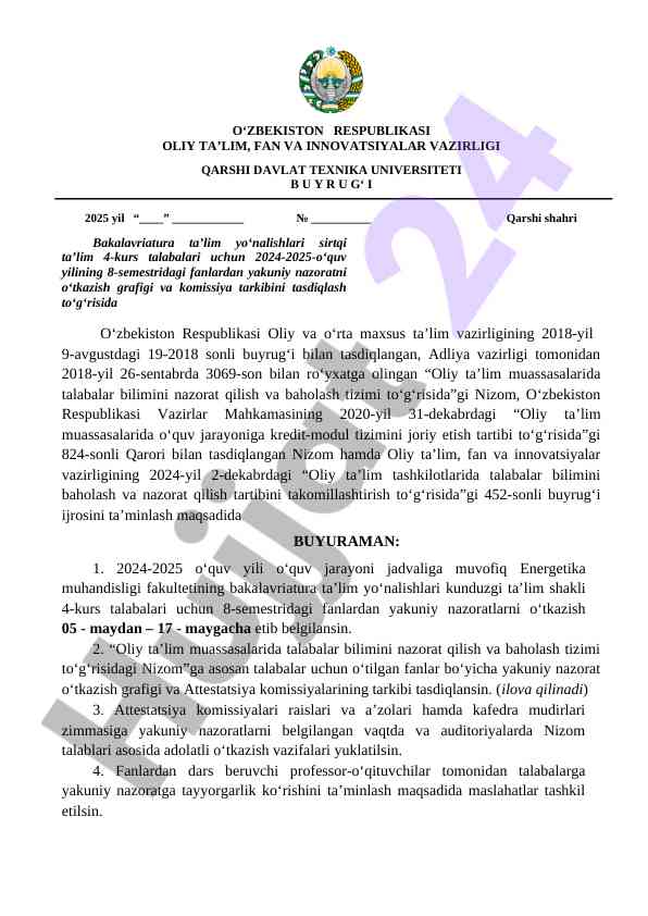 2024-2025 o‘quv yili yakuniy nazorat grafigi