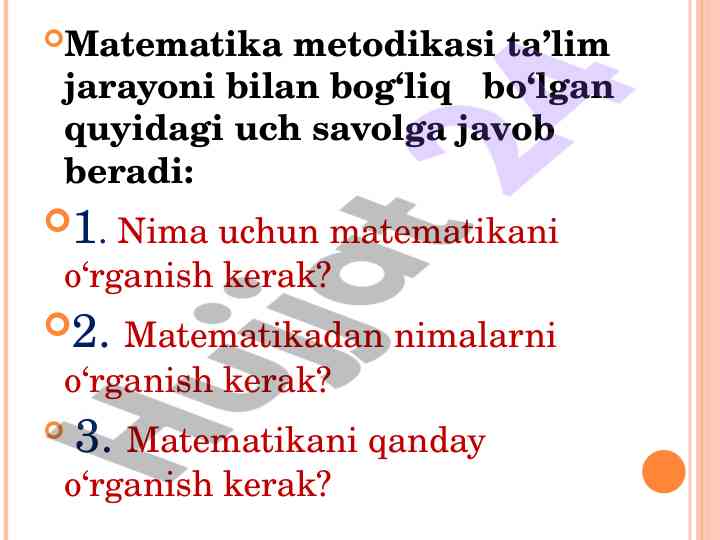 Matematika metodikasi ta'lim jarayoni bo'yicha qo'llanma