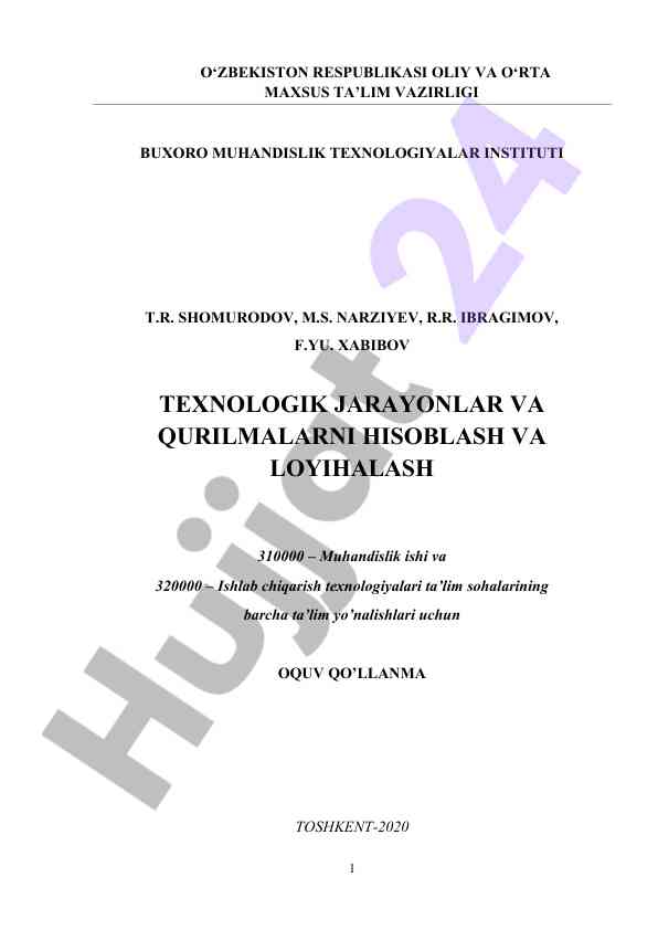 O‘quv qo‘llanma: texnologik jarayonlar hisoblash
