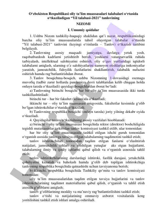 Yil talabasi-2021 tanlovining nizomi