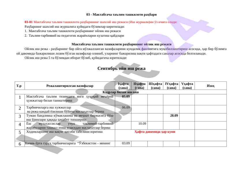 Мактабгача таълим ташкилоти раҳбарига иш режаси