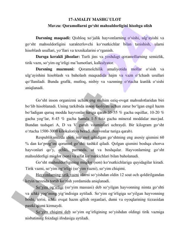 Qoramollarni go‘sht mahsuldorligi hisobga olish