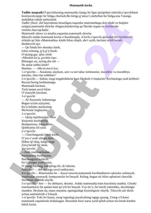 Matematik kecha tadbiri o‘tkazish rejalari