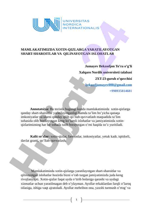 Xotin-qizlarga yaratilayotgan shart-sharoitlar va islohatlar