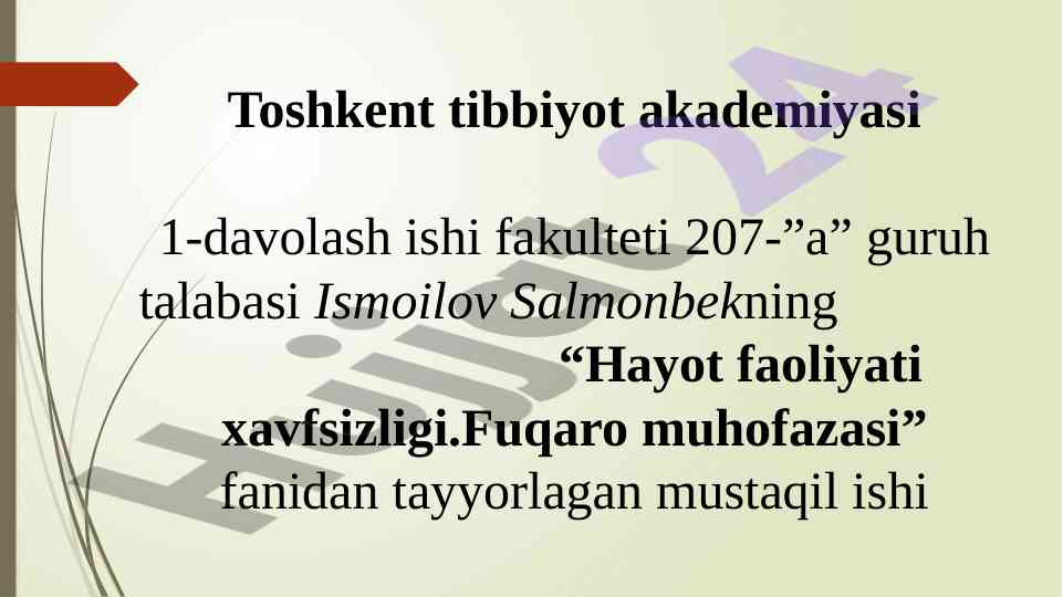 Hayot faoliyati xavfsizligi fanidan mustaqil ish