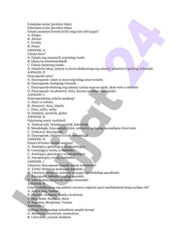 Falsafadan Testlar Javoblari Bilan