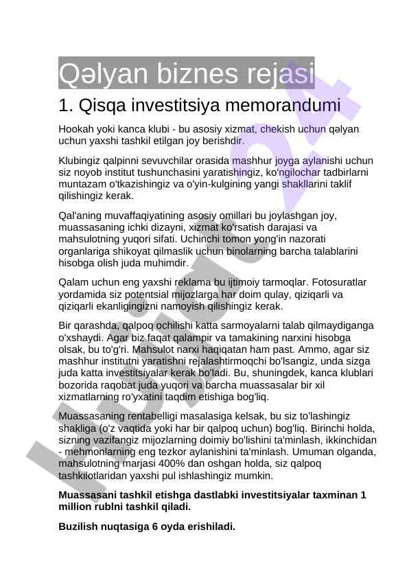 Qəlyan biznes rejasi va investitsiya memorandumi