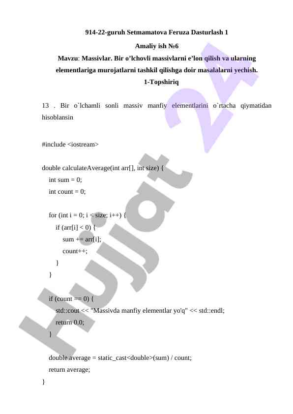 Dasturlash amaliy ish: bir o'lchovli massivlar