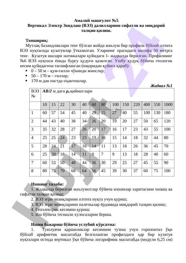 Вертикал электр зондлаш услуби бўйича тадқиқот