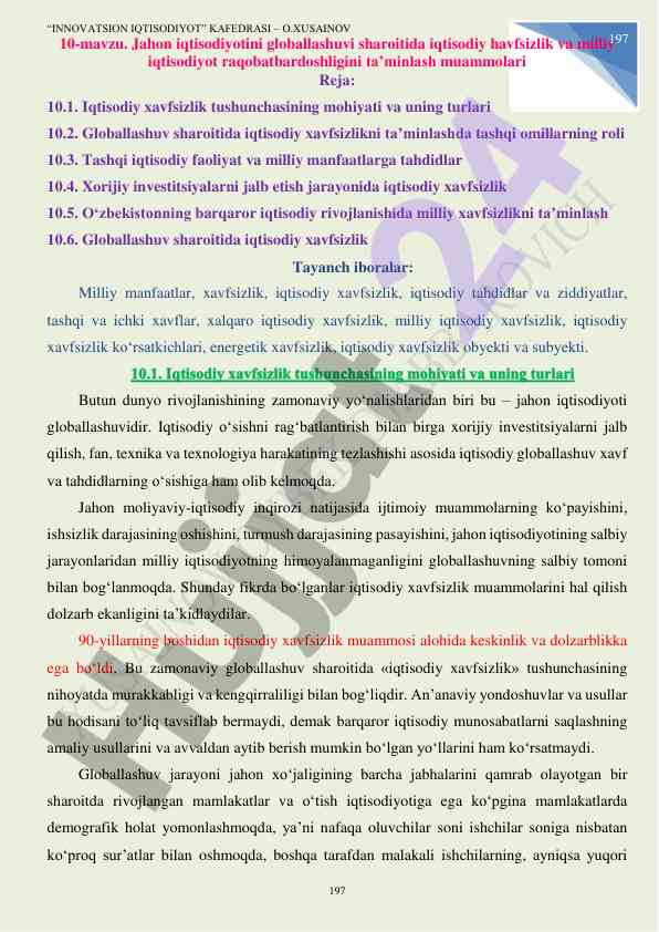 Globallashuv sharoitida iqtisodiy xavfsizlik muammolari