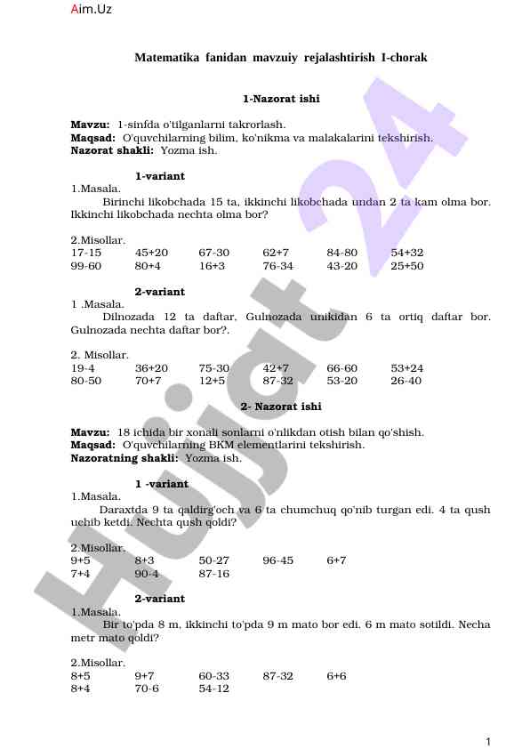 Matematika fanidan nazorat ishlari i-chorak