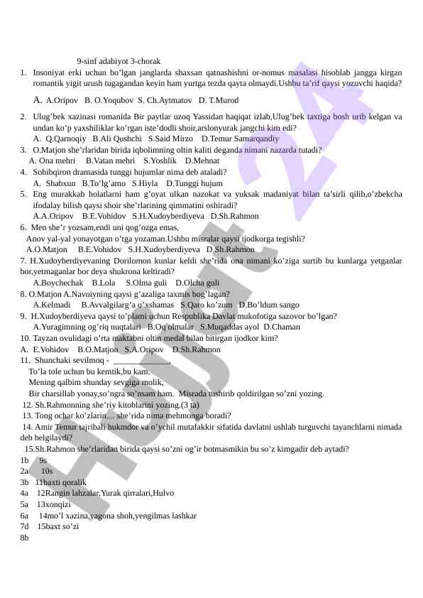Adabiyot testlari 9-sinf uchun shoirlar va g'oyalar