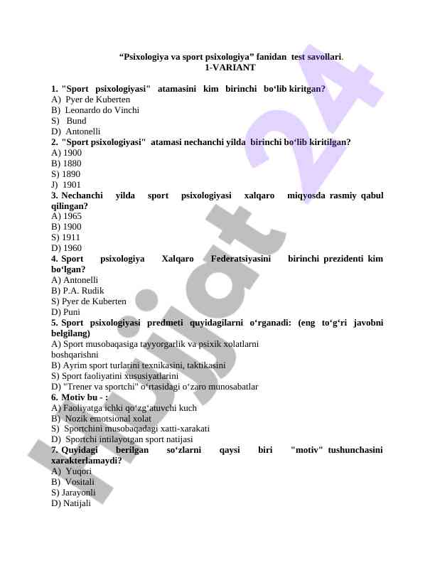 Psixologiya va sport psixologiya fanidan test savollari