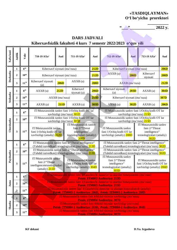 Kiberxavfsizlik fakulteti dars jadvali 2022/2023