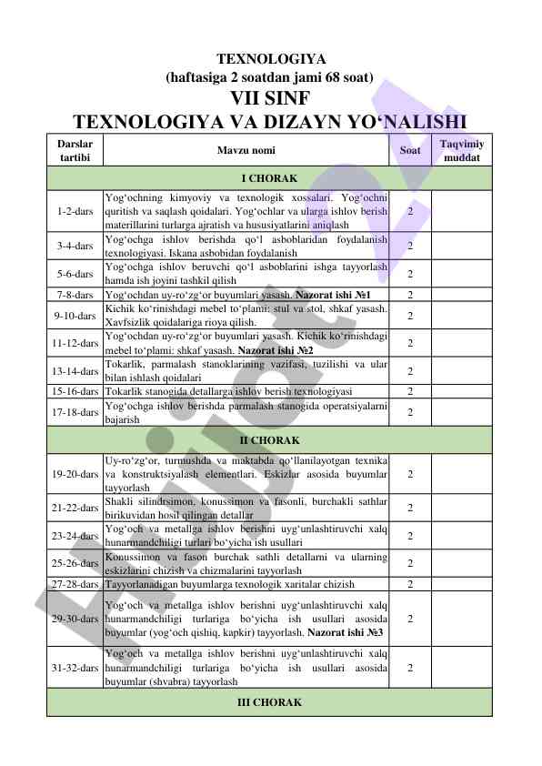 Yog‘ochga ishlov berish texnologiyasi mavzusi