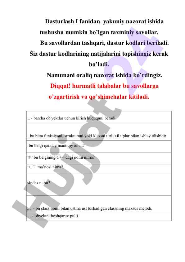 Dasturlash i fanidan yakuniy nazorat savollari