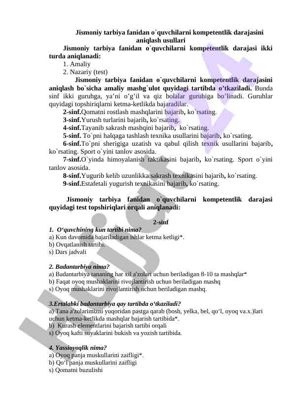 Kompetentlik darajasini aniqlash usullari jismoniy tarbiyada
