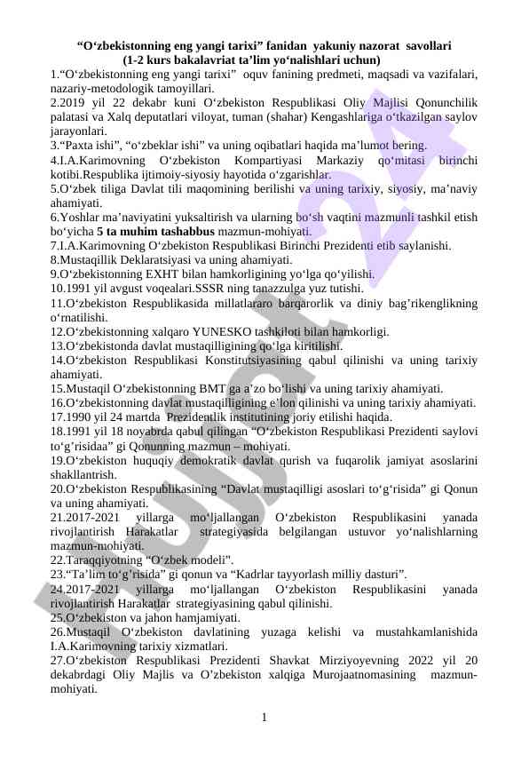 O‘zbekistonning eng yangi tarixi yakuniy nazorat savollari