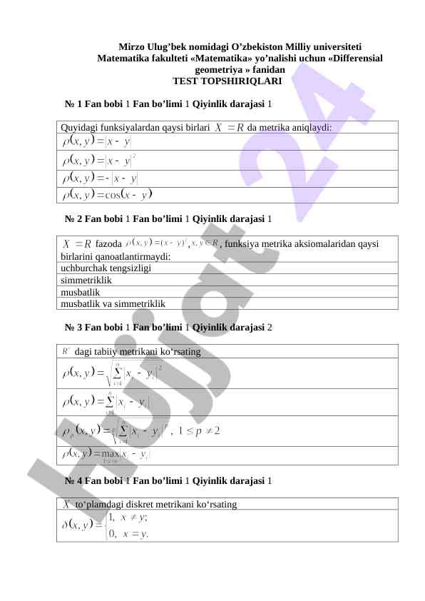 Differensial geometriya fanidan test topshiriqlari