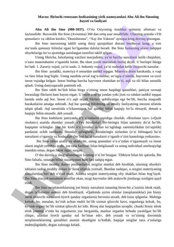 Abu ali ibn sinoning hayoti va faoliyati tahlili
