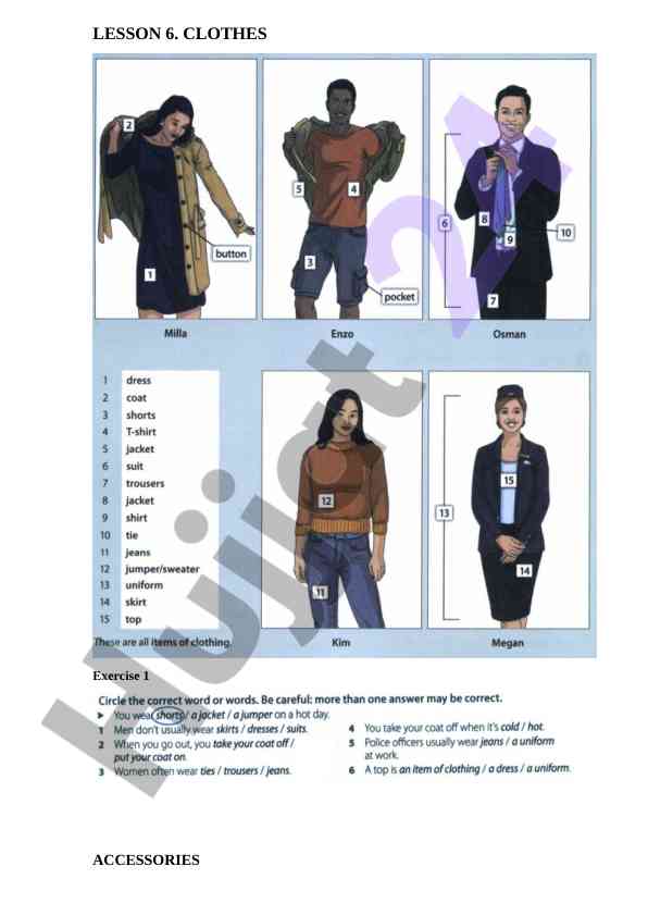 Lesson 6 on clothes and accessories grammar exercises