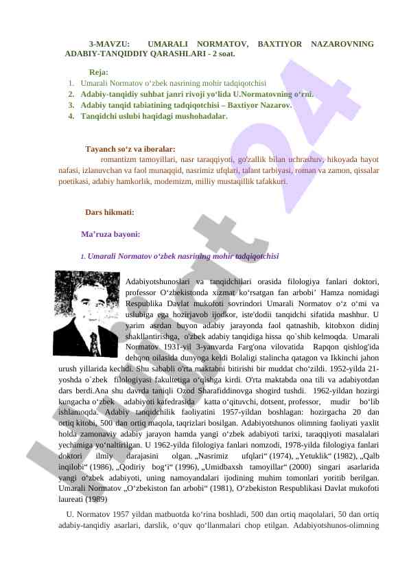 Umarali normatov va baxtiyor nazarovning adabiy tanqidi