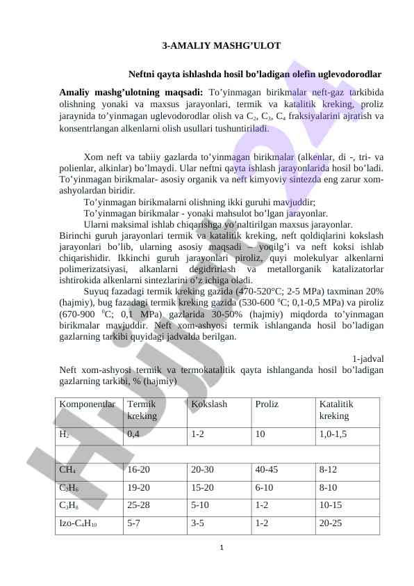 Olefin uglevodorodlar hosil qilish jarayonlari