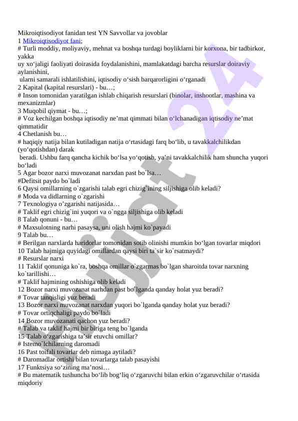 Mikroiqtisodiyot fanidan test savollari va javoblar
