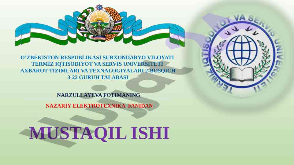 Nazariy elektrotehnika fanidan mustaqil ish rejasi