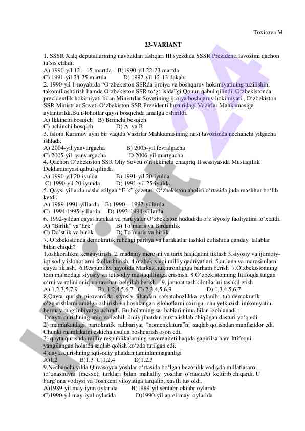 O'zbekiston ssr davlat tarixi bo'yicha test