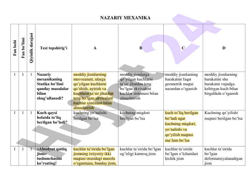 Nazariy mexanika testlar bobi qiyinlik darajasi