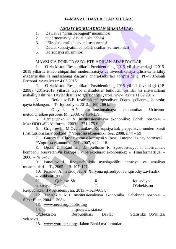 Davlatlar xillari asosiy ko‘riladigan masalalar