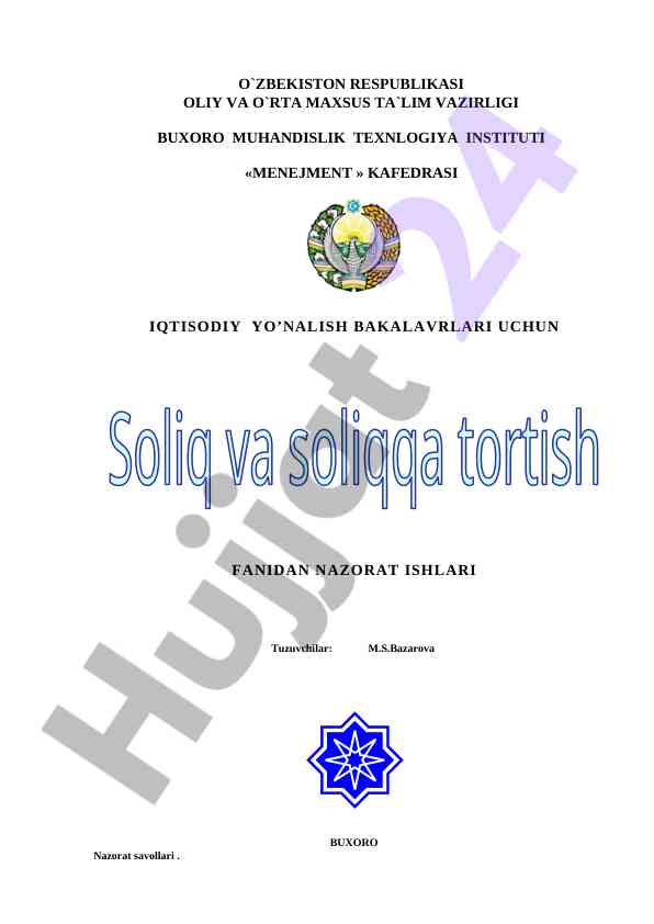 Soliq ob'ekti va hisoblash tartiblari nazorat