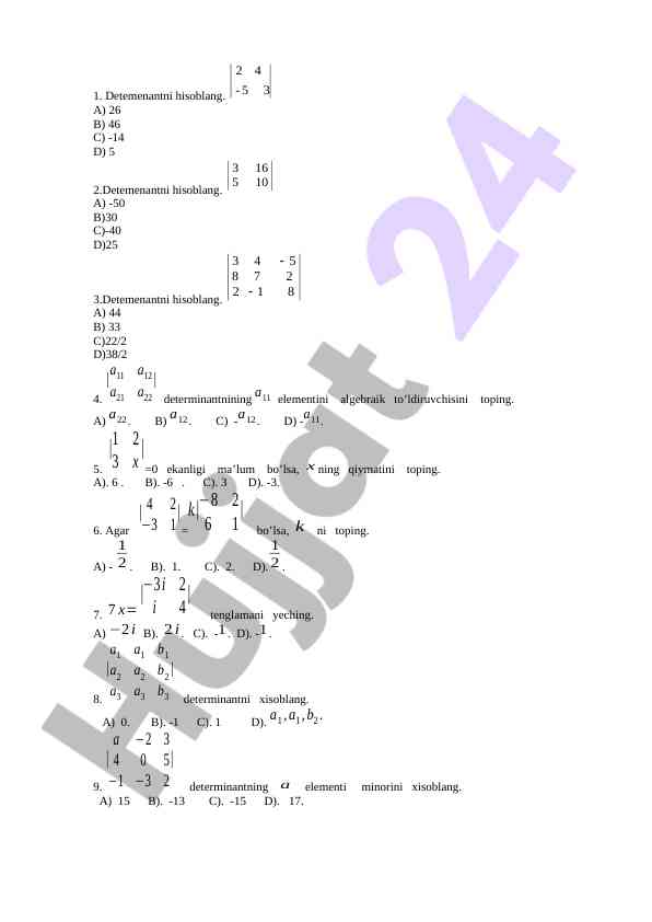 Determinant hisoblash bo‘yicha savollar