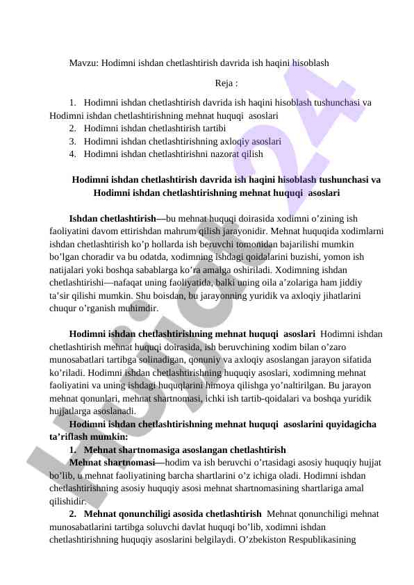 Hodimni ishdan chetlashtirish va ish haqini hisoblash
