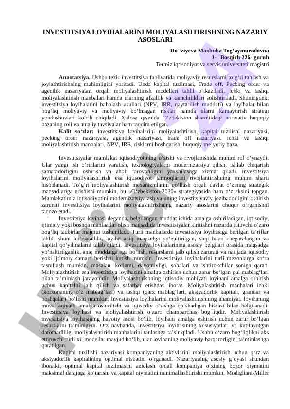 Investitsiya loyihalarini moliyalashtirish nazariyasi