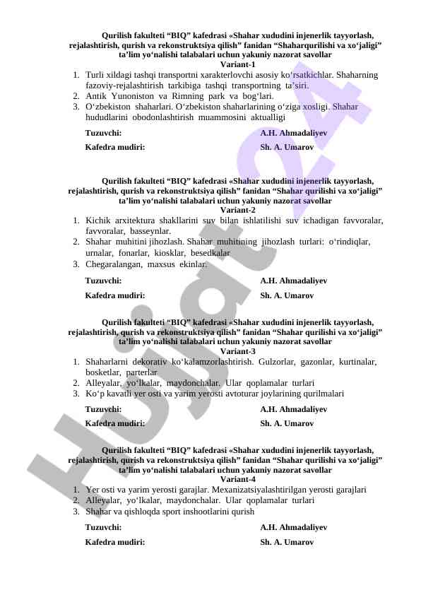Shahar qurilishi fanidan yakuniy nazorat savollari