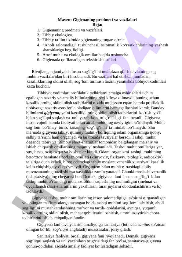 Gigienaning predmeti va vazifalari tibbiy ekologiya