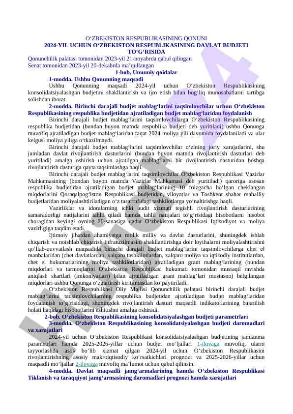 O‘zbekiston respublikasining davlat budjeti qonunchiligi
