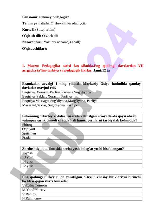 Umumiy pedagogika ta'lim yo'nalishidagi mavzular